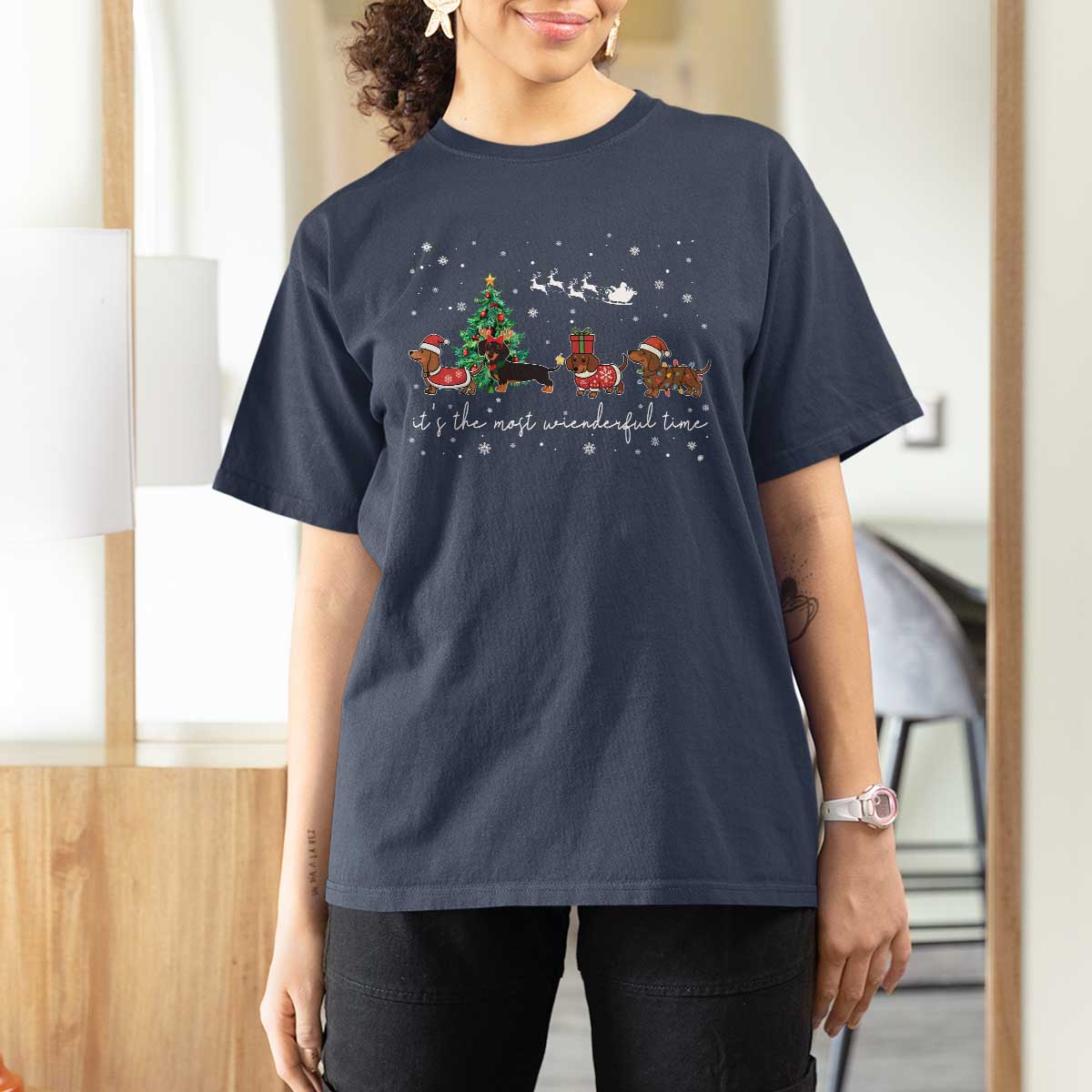 Dachshund Christmas T Shirt For Women Funny Weiner Dog Lovers Its The Most Wienderful Time - Wonder Print Shop