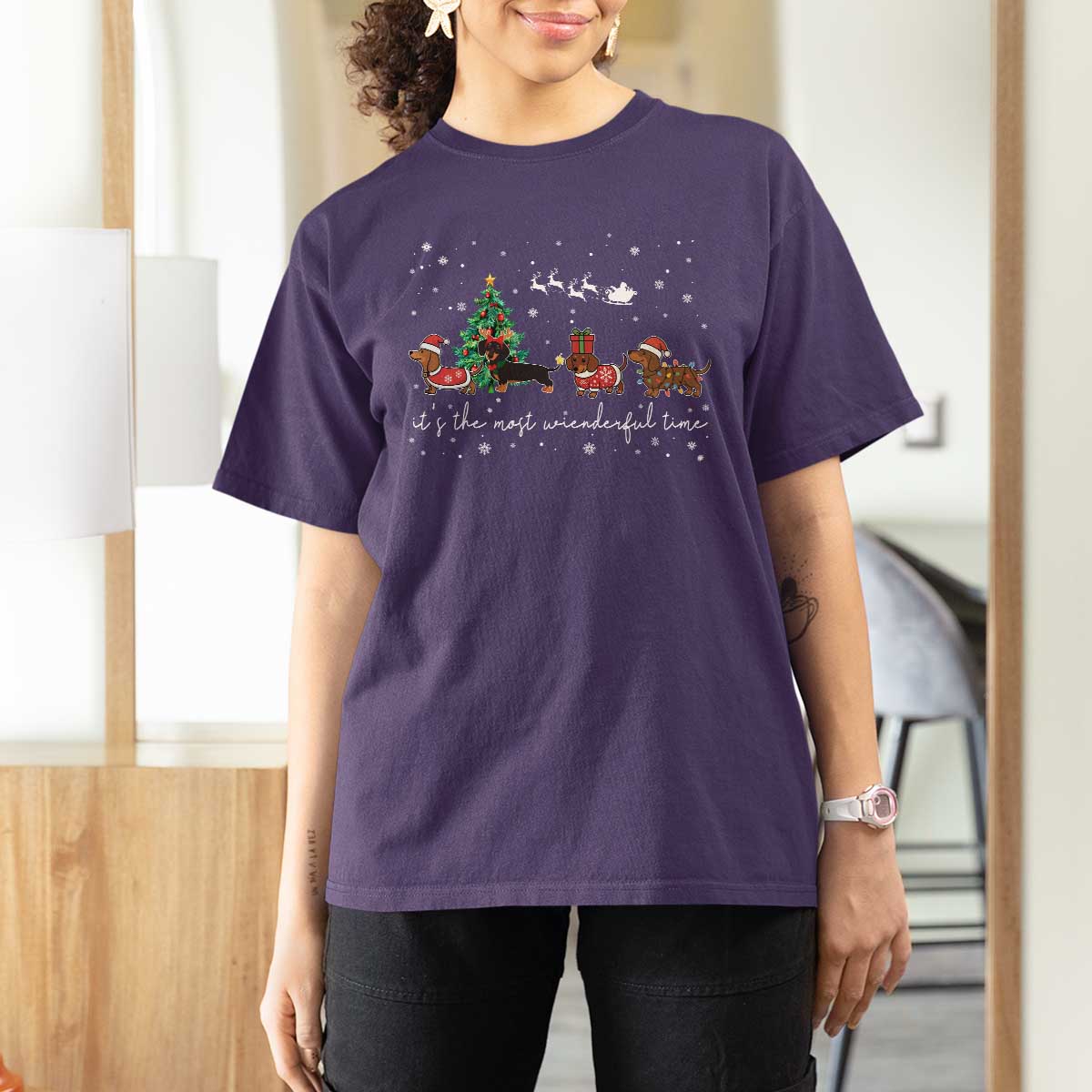 Dachshund Christmas T Shirt For Women Funny Weiner Dog Lovers Its The Most Wienderful Time - Wonder Print Shop
