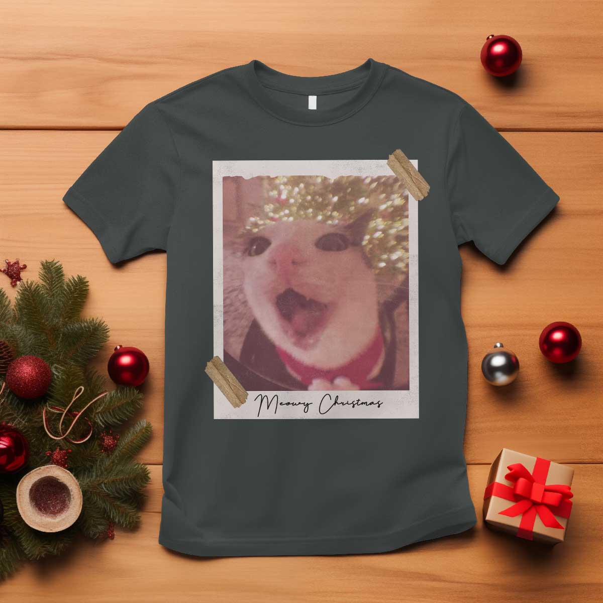 Meowy Christmas T Shirt Funny Cat Lovers Xmas Vintage Photo - Wonder Print Shop