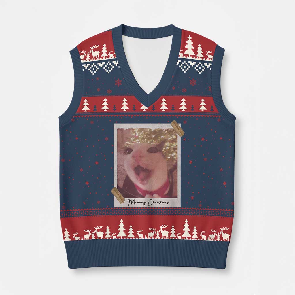 Meowy Xmas V-Neck Knit Sweater Vest Funny Cat Lovers Xmas Vintage Photo - Wonder Print Shop