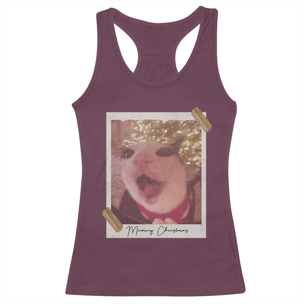 Meowy Christmas Racerback Tank Top Funny Cat Lovers Xmas Vintage Photo - Wonder Print Shop