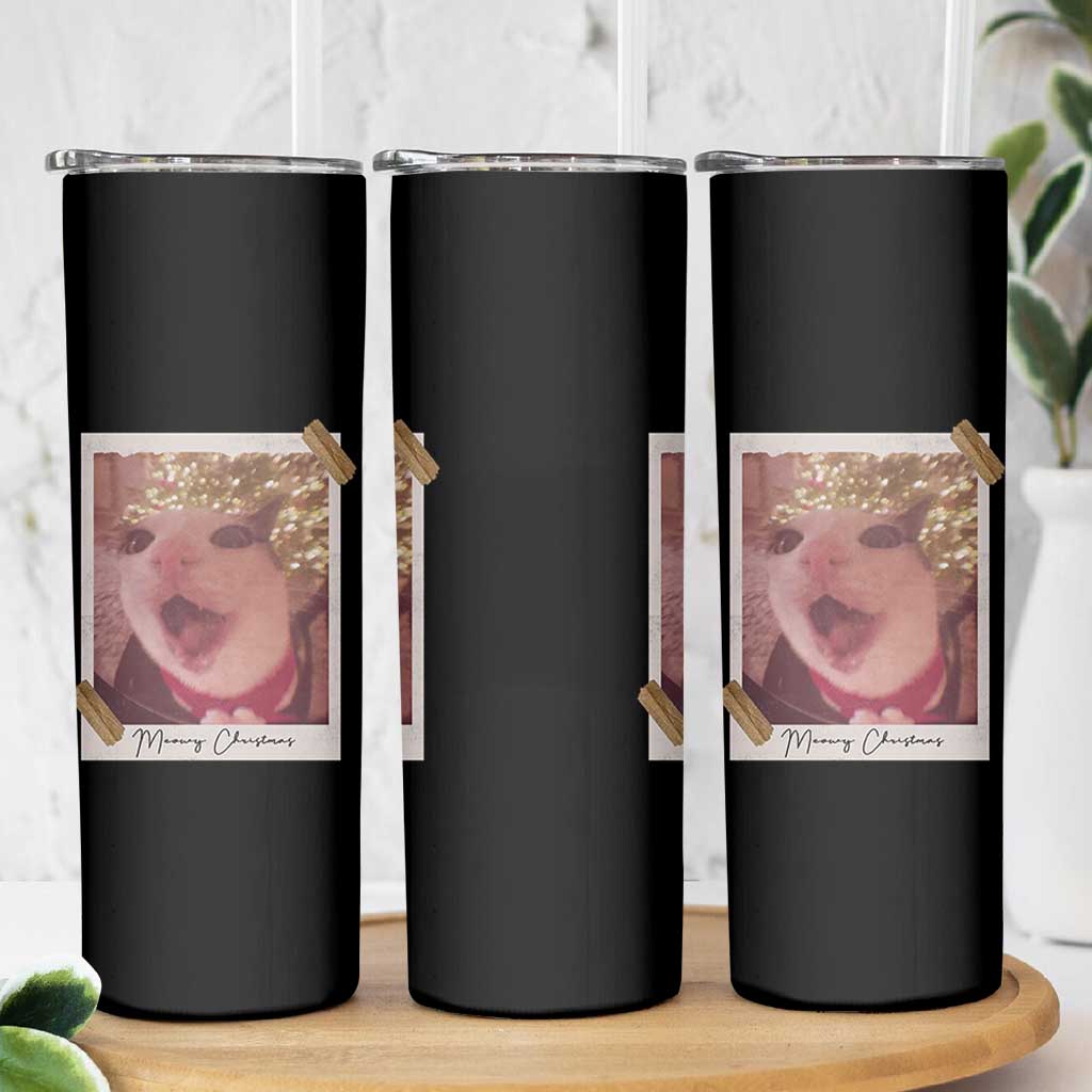 Meowy Christmas Skinny Tumbler Funny Cat Lovers Xmas Vintage Photo - Wonder Print Shop