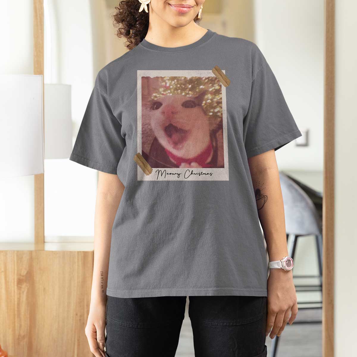 Meowy Christmas T Shirt For Women Funny Cat Lovers Xmas Vintage Photo - Wonder Print Shop