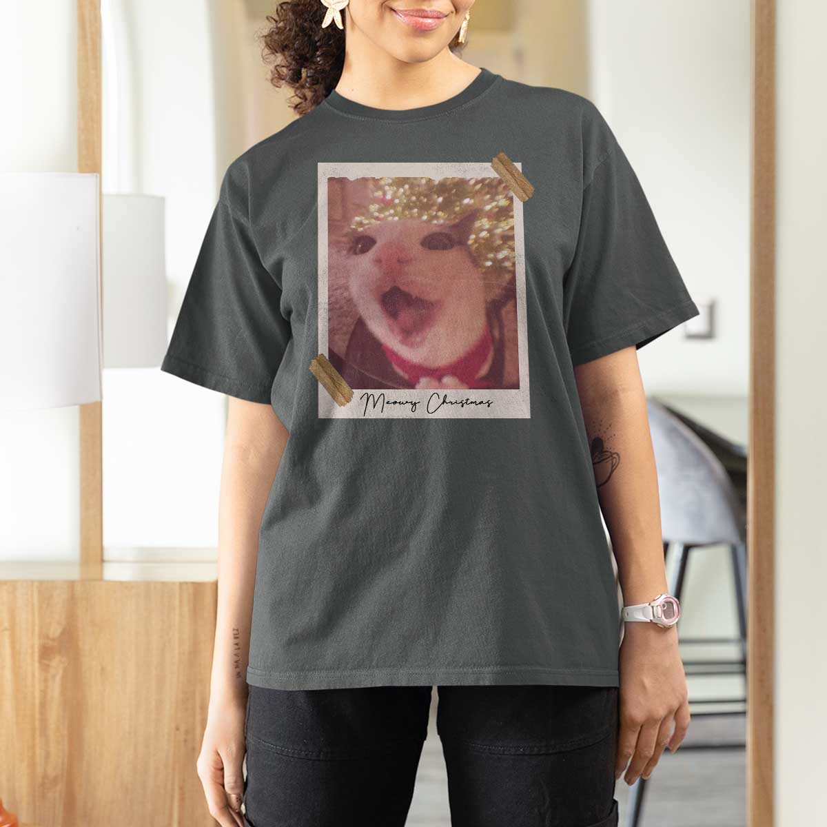 Meowy Christmas T Shirt For Women Funny Cat Lovers Xmas Vintage Photo - Wonder Print Shop