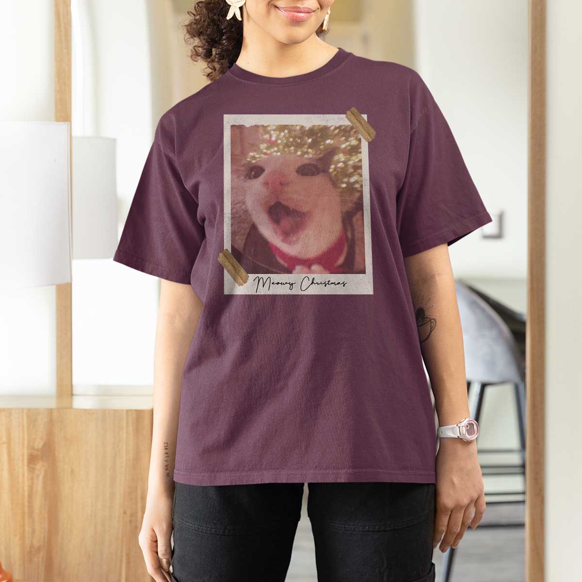 Meowy Christmas T Shirt For Women Funny Cat Lovers Xmas Vintage Photo - Wonder Print Shop