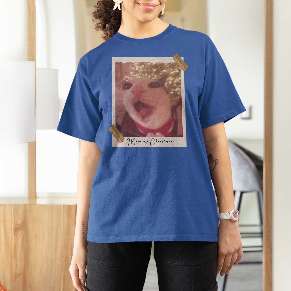Meowy Christmas T Shirt For Women Funny Cat Lovers Xmas Vintage Photo - Wonder Print Shop