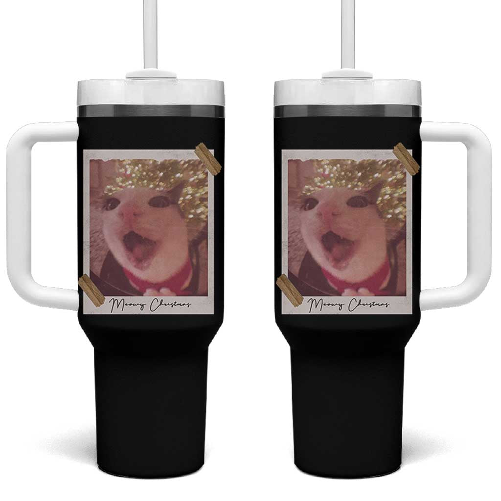 Meowy Christmas Tumbler With Handle Funny Cat Lovers Xmas Vintage Photo - Wonder Print Shop