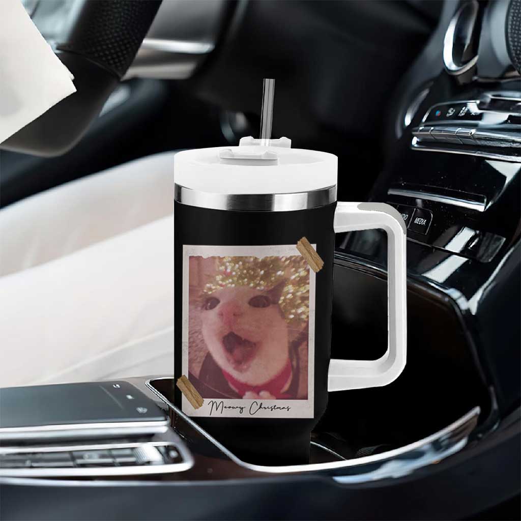 Meowy Christmas Tumbler With Handle Funny Cat Lovers Xmas Vintage Photo - Wonder Print Shop