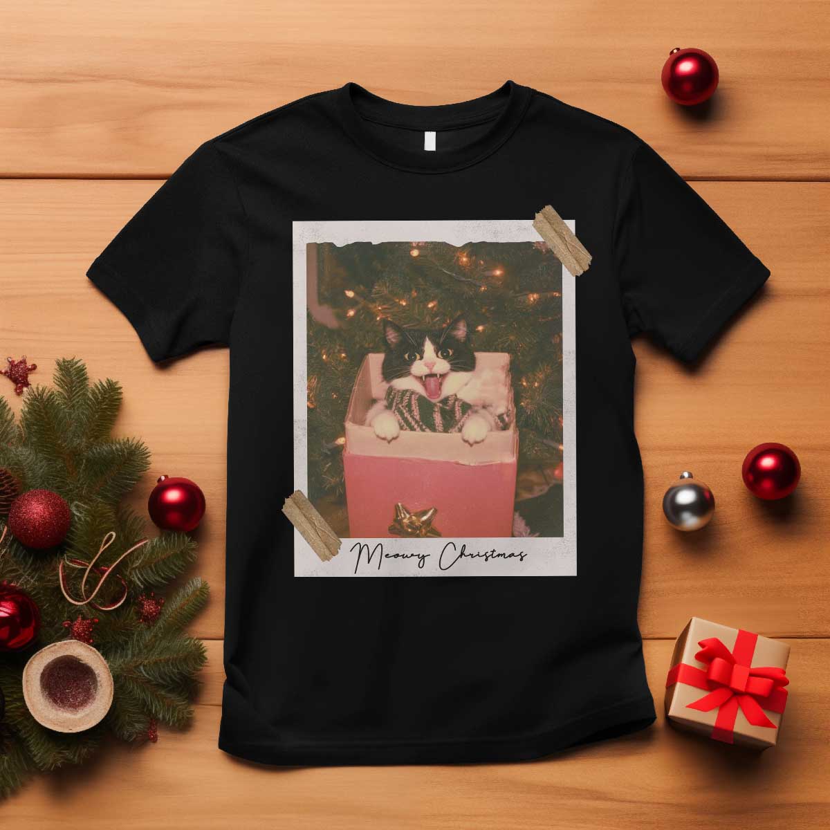 Meowy Christmas T Shirt Cute Cat Lovers Xmas Retro Vintage Photo - Wonder Print Shop