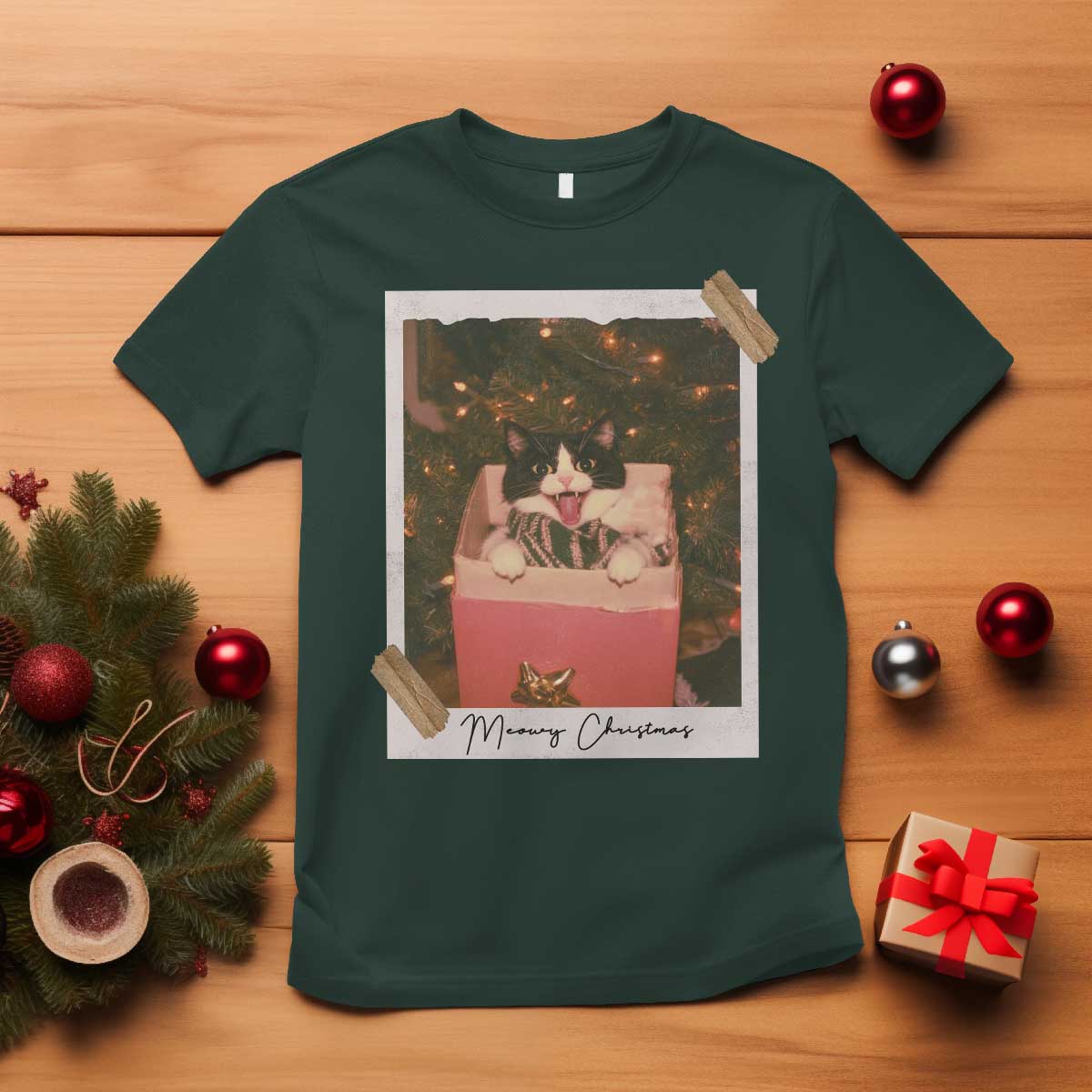 Meowy Christmas T Shirt Cute Cat Lovers Xmas Retro Vintage Photo - Wonder Print Shop