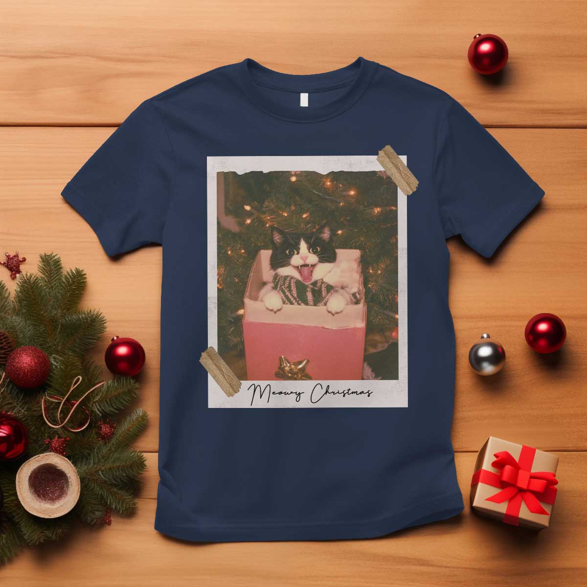 Meowy Christmas T Shirt Cute Cat Lovers Xmas Retro Vintage Photo - Wonder Print Shop