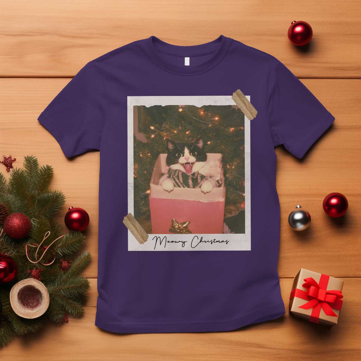 Meowy Christmas T Shirt Cute Cat Lovers Xmas Retro Vintage Photo - Wonder Print Shop