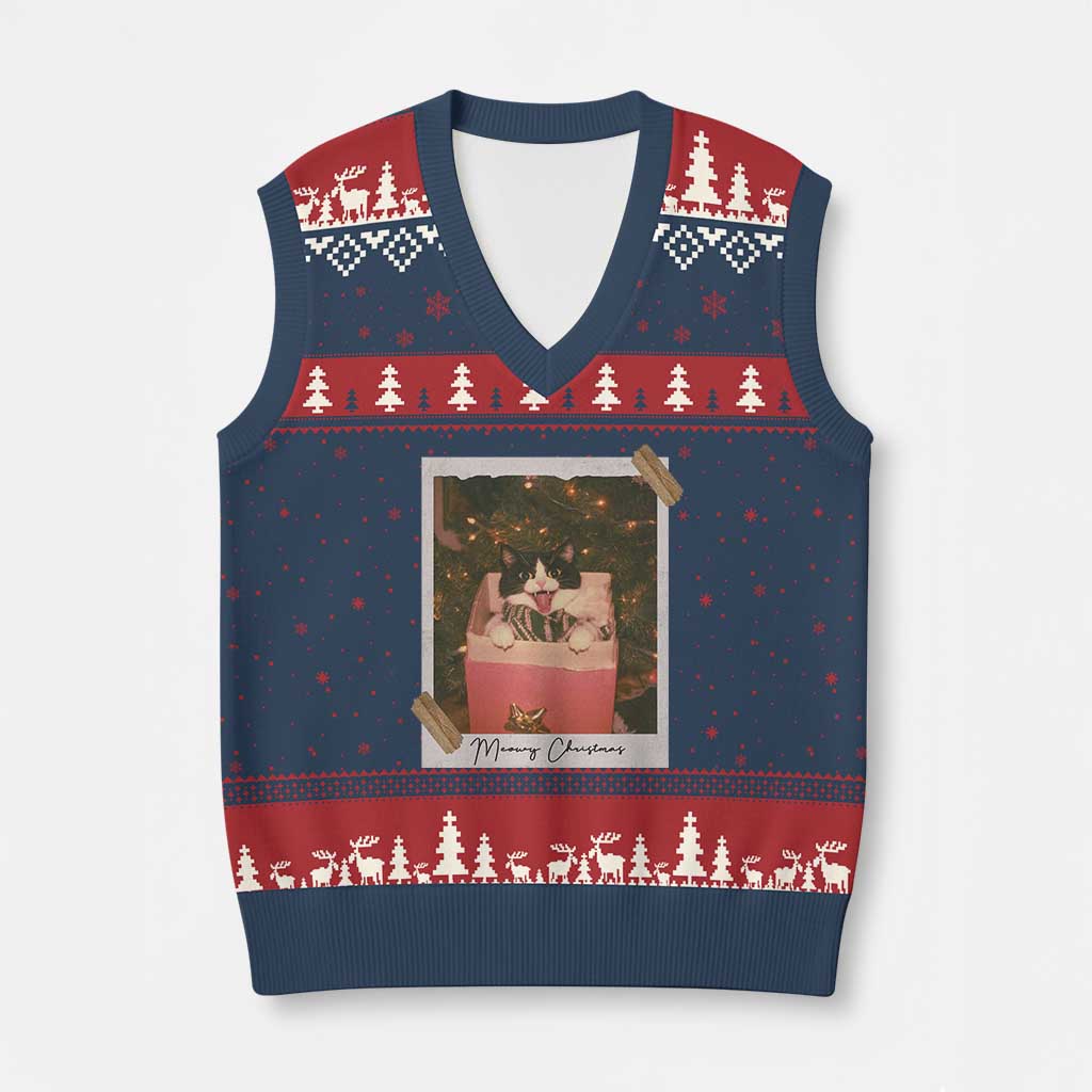 Meowy Xmas V-Neck Knit Sweater Vest Cute Cat Lovers Xmas Retro Vintage Photo - Wonder Print Shop
