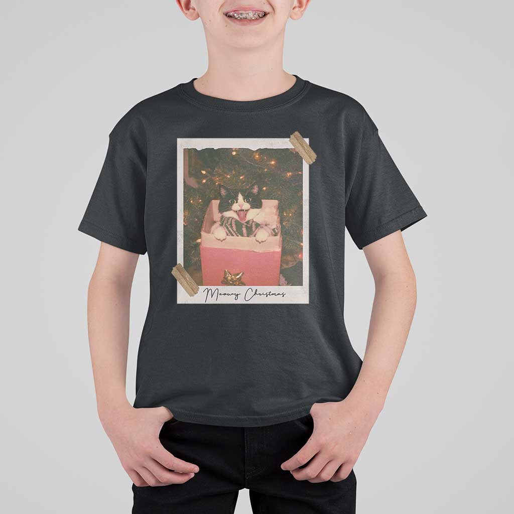 Meowy Christmas T Shirt For Kid Cute Cat Lovers Xmas Retro Vintage Photo - Wonder Print Shop