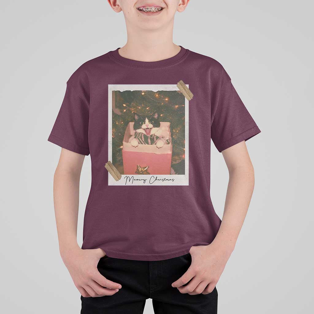 Meowy Christmas T Shirt For Kid Cute Cat Lovers Xmas Retro Vintage Photo - Wonder Print Shop