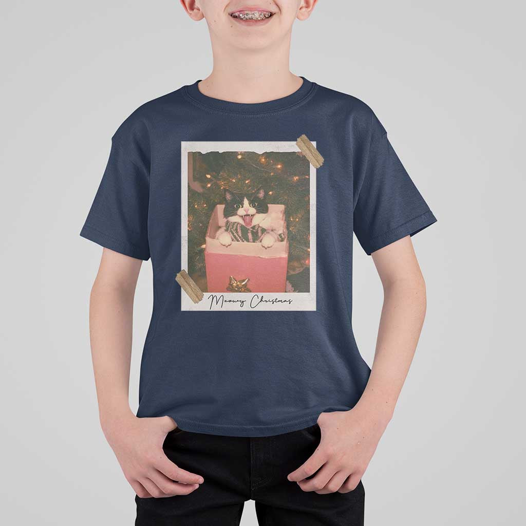 Meowy Christmas T Shirt For Kid Cute Cat Lovers Xmas Retro Vintage Photo - Wonder Print Shop