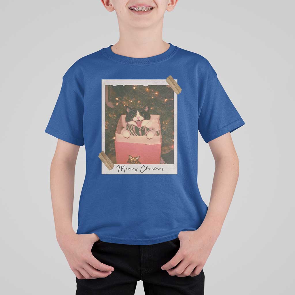 Meowy Christmas T Shirt For Kid Cute Cat Lovers Xmas Retro Vintage Photo - Wonder Print Shop