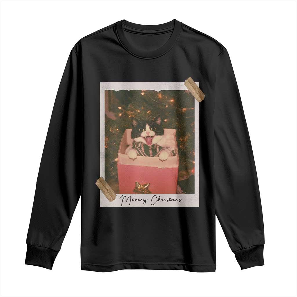 Meowy Christmas Long Sleeve Shirt Cute Cat Lovers Xmas Retro Vintage Photo - Wonder Print Shop