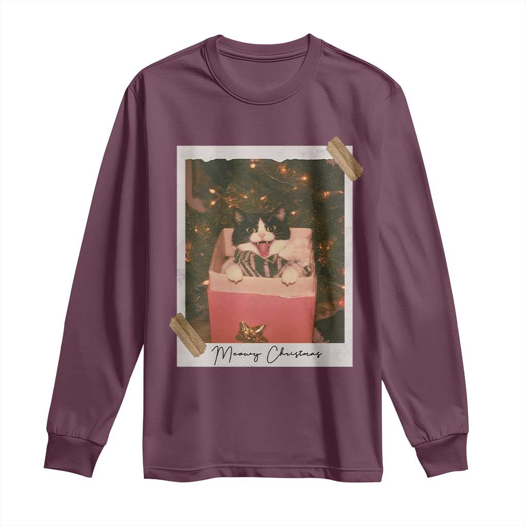 Meowy Christmas Long Sleeve Shirt Cute Cat Lovers Xmas Retro Vintage Photo - Wonder Print Shop