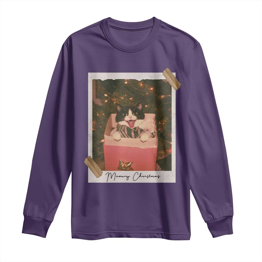Meowy Christmas Long Sleeve Shirt Cute Cat Lovers Xmas Retro Vintage Photo - Wonder Print Shop