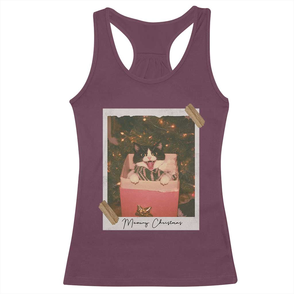 Meowy Christmas Racerback Tank Top Cute Cat Lovers Xmas Retro Vintage Photo - Wonder Print Shop