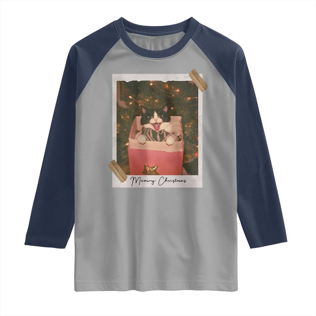Meowy Christmas Raglan Shirt Cute Cat Lovers Xmas Retro Vintage Photo - Wonder Print Shop