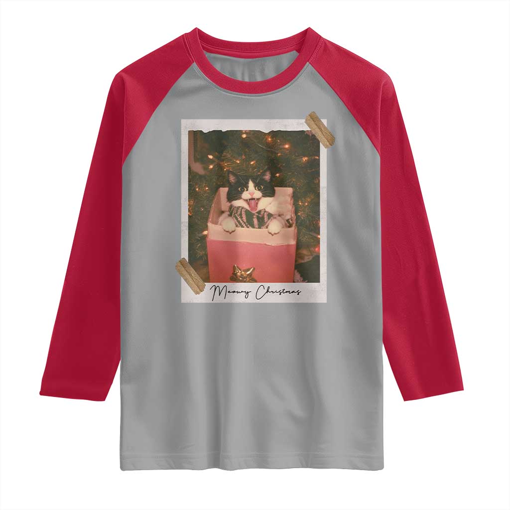 Meowy Christmas Raglan Shirt Cute Cat Lovers Xmas Retro Vintage Photo - Wonder Print Shop