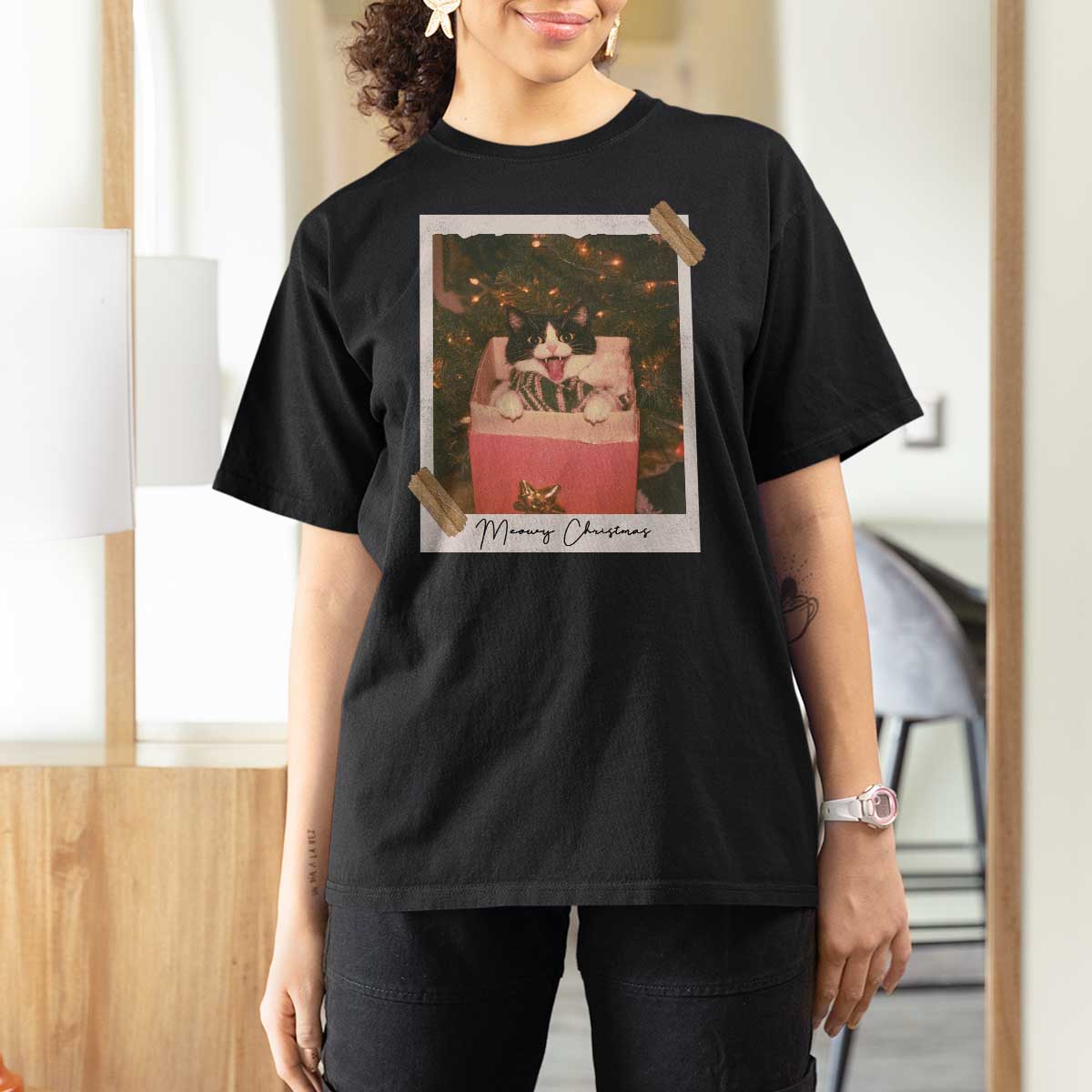 Meowy Christmas T Shirt For Women Cute Cat Lovers Xmas Retro Vintage Photo - Wonder Print Shop