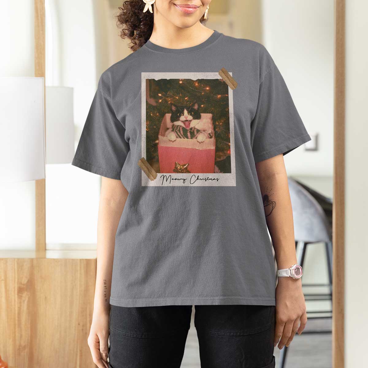 Meowy Christmas T Shirt For Women Cute Cat Lovers Xmas Retro Vintage Photo - Wonder Print Shop