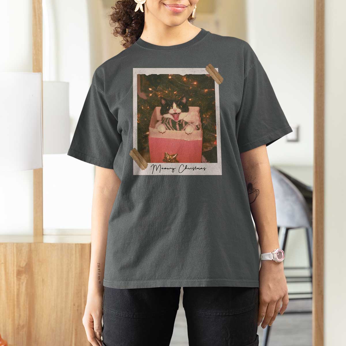 Meowy Christmas T Shirt For Women Cute Cat Lovers Xmas Retro Vintage Photo - Wonder Print Shop