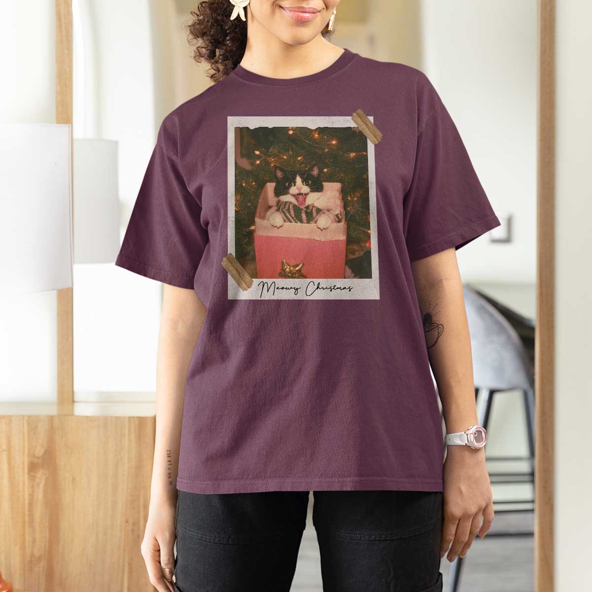 Meowy Christmas T Shirt For Women Cute Cat Lovers Xmas Retro Vintage Photo - Wonder Print Shop