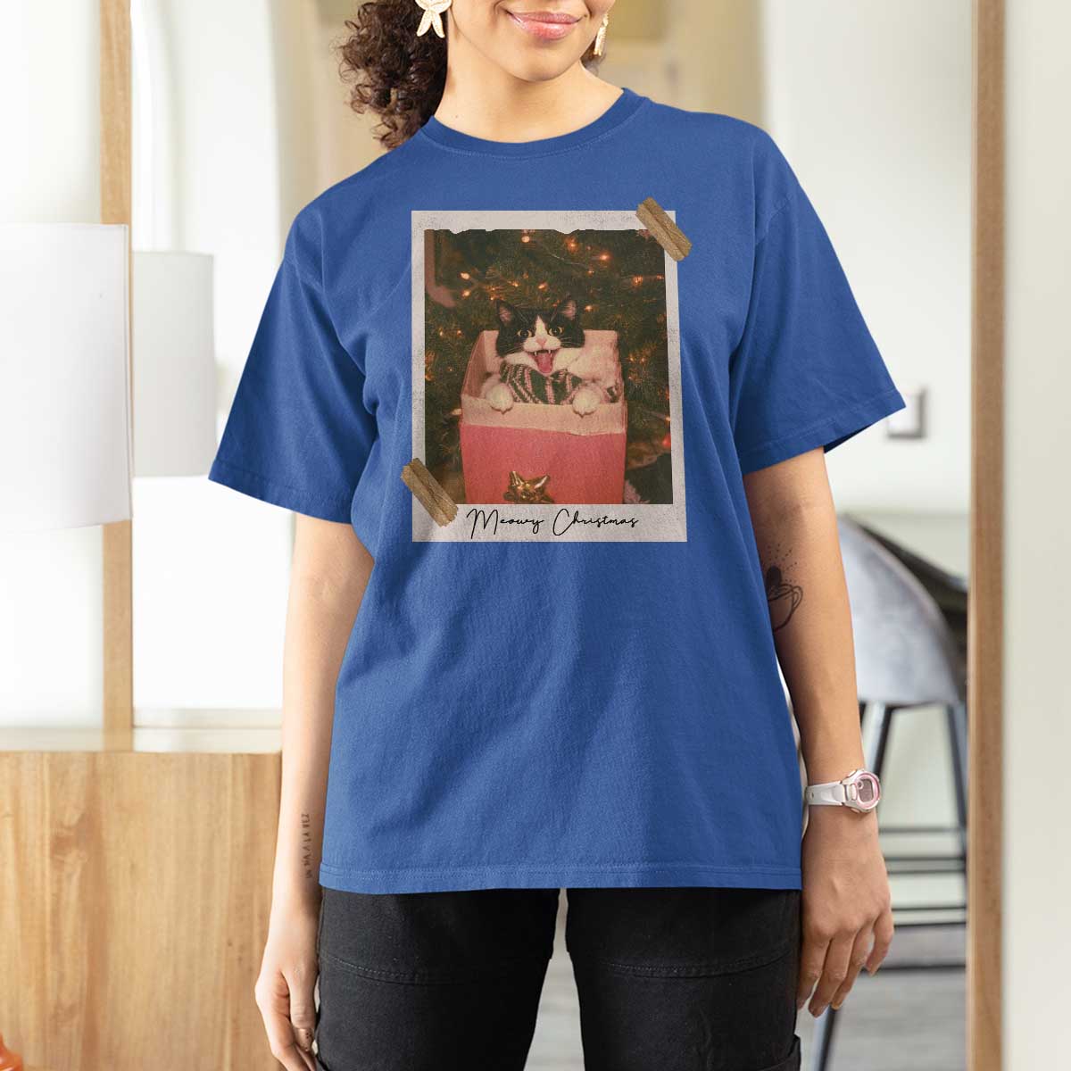 Meowy Christmas T Shirt For Women Cute Cat Lovers Xmas Retro Vintage Photo - Wonder Print Shop