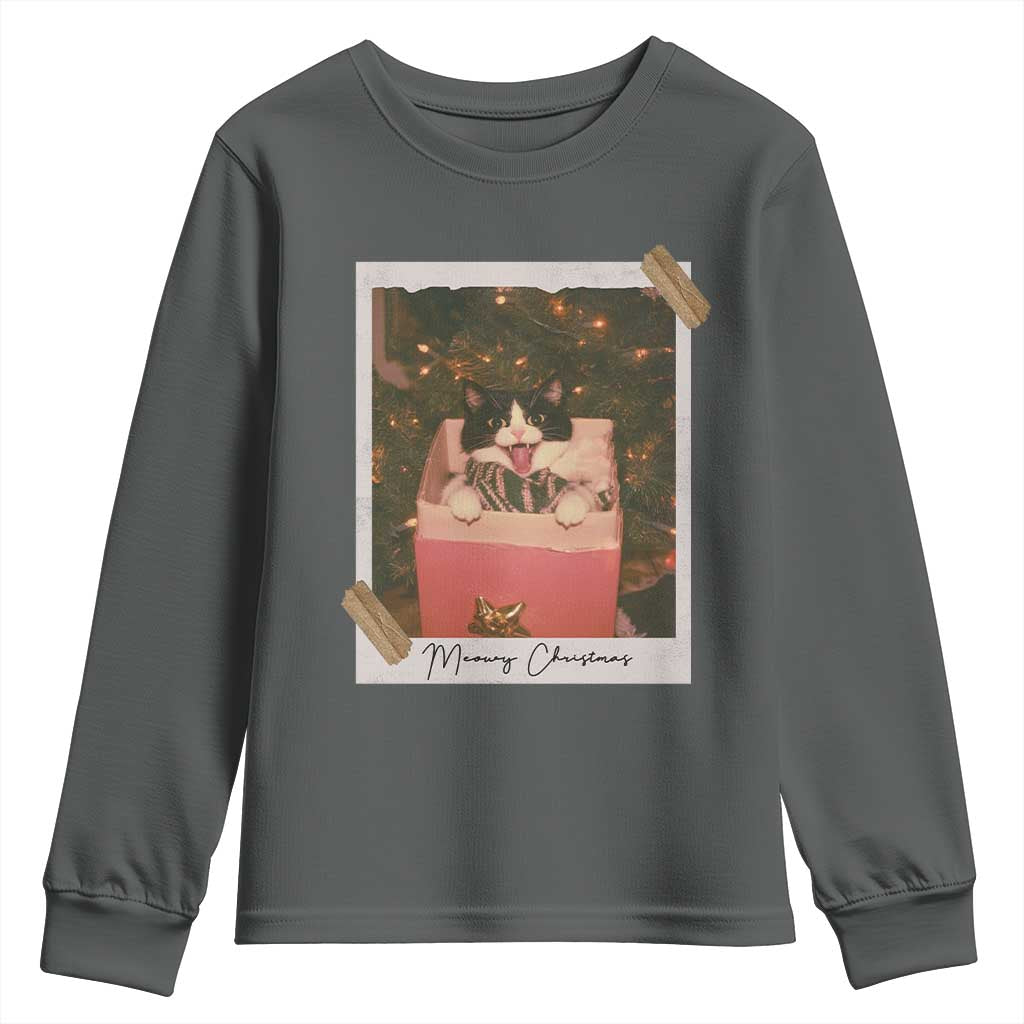 Meowy Christmas Youth Sweatshirt Cute Cat Lovers Xmas Retro Vintage Photo - Wonder Print Shop