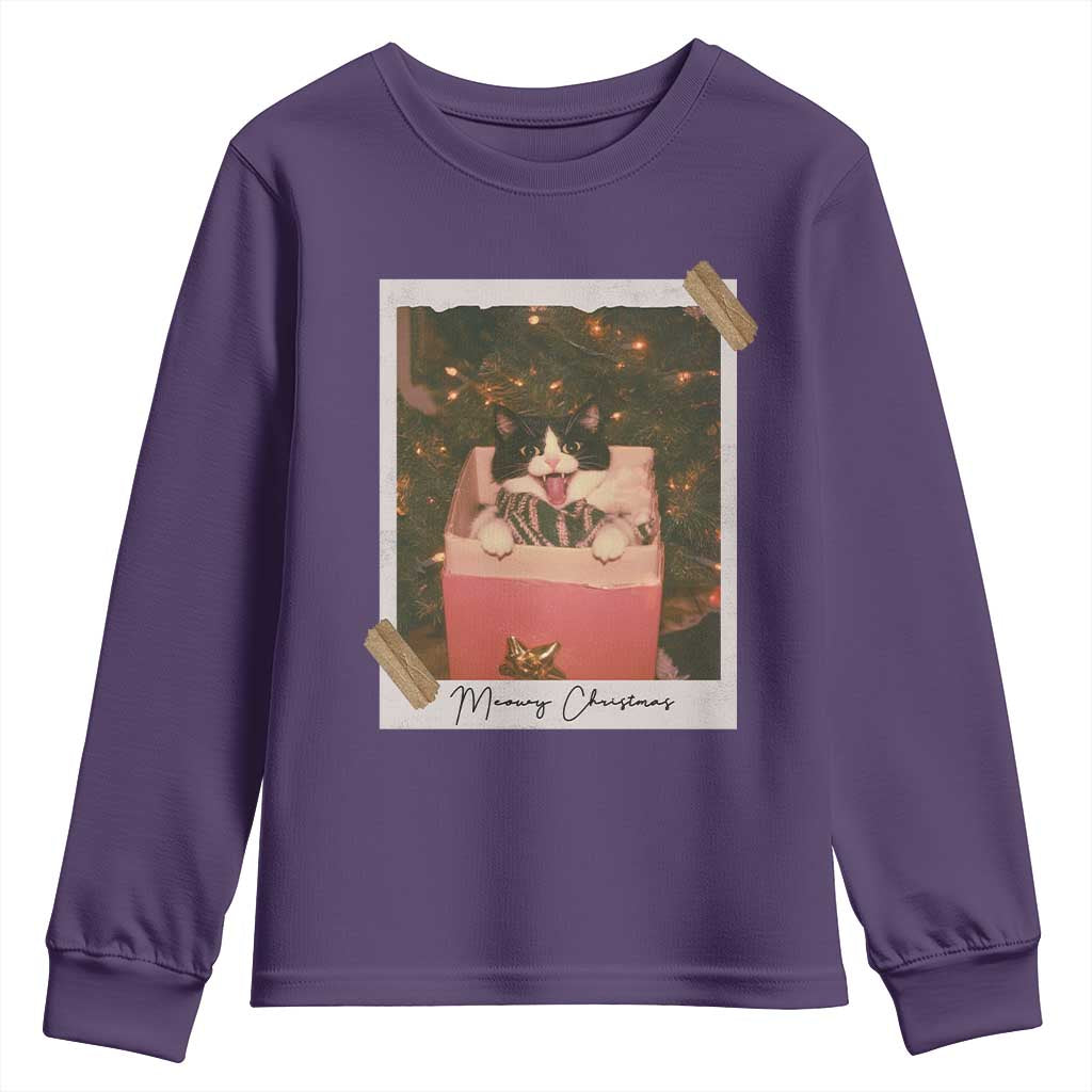 Meowy Christmas Youth Sweatshirt Cute Cat Lovers Xmas Retro Vintage Photo - Wonder Print Shop