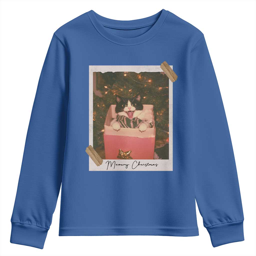 Meowy Christmas Youth Sweatshirt Cute Cat Lovers Xmas Retro Vintage Photo - Wonder Print Shop