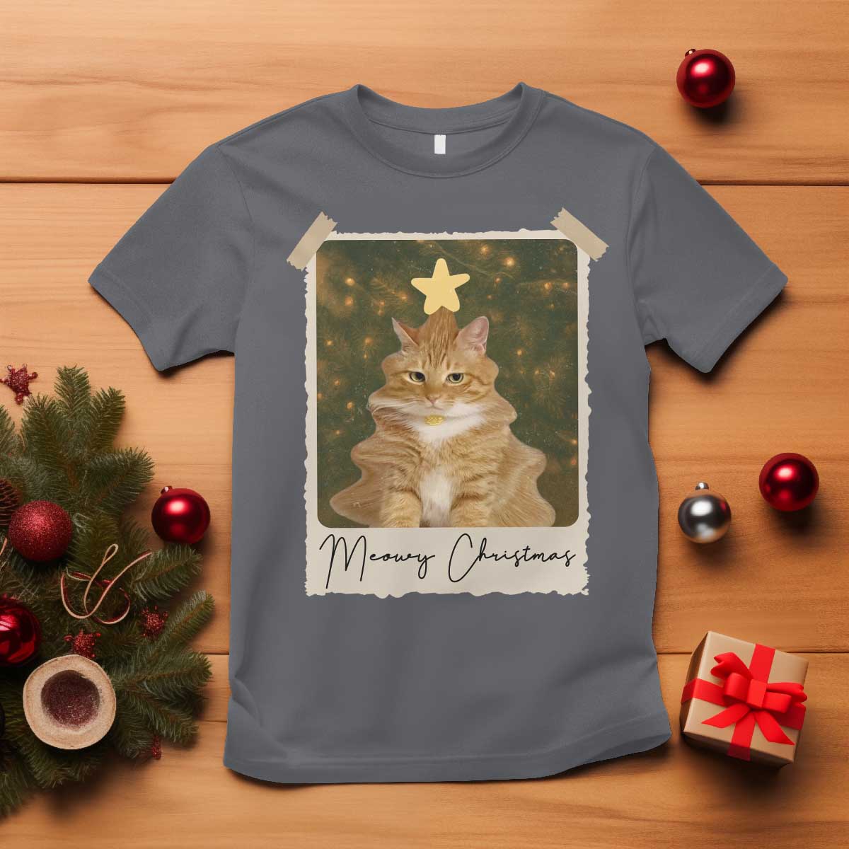 Meowy Christmas T Shirt Funny Cat Xmas Tree Retro Vintage Photo - Wonder Print Shop
