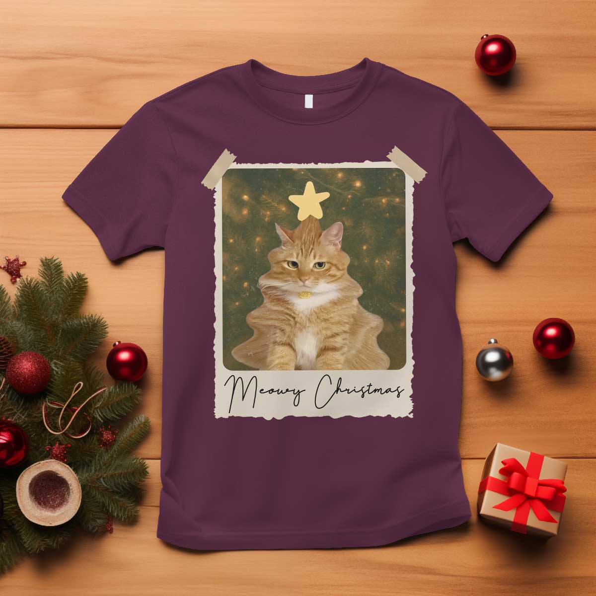 Meowy Christmas T Shirt Funny Cat Xmas Tree Retro Vintage Photo - Wonder Print Shop