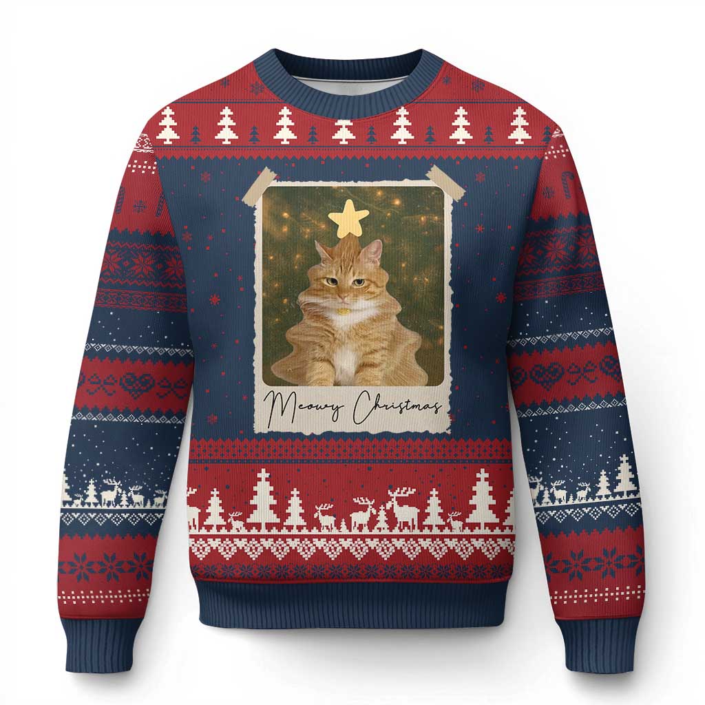 Meowy Xmas Ugly Christmas Sweater Funny Cat Xmas Tree Retro Vintage Photo - Wonder Print Shop