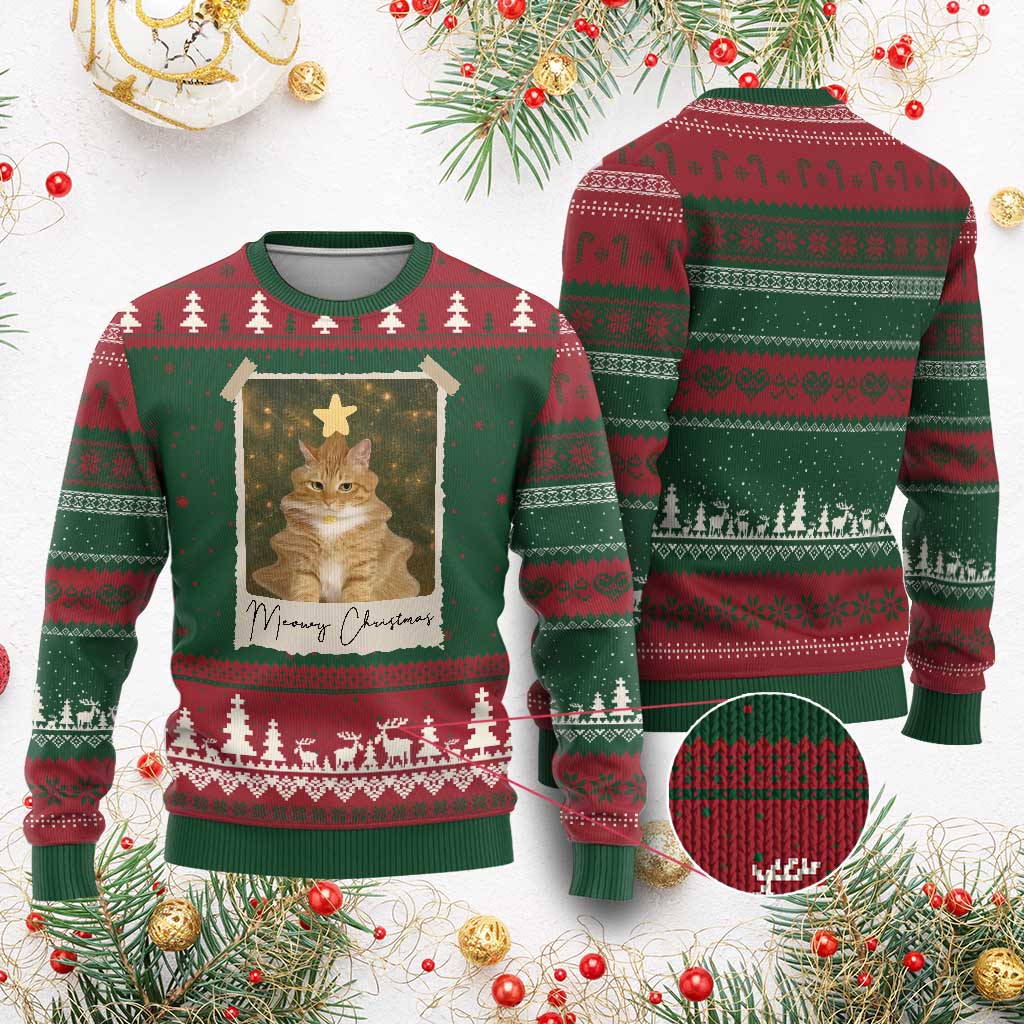Meowy Xmas Ugly Christmas Sweater Funny Cat Xmas Tree Retro Vintage Photo - Wonder Print Shop