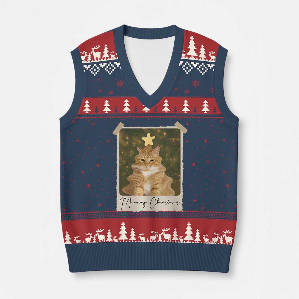 Meowy Xmas V-Neck Knit Sweater Vest Funny Cat Xmas Tree Retro Vintage Photo - Wonder Print Shop