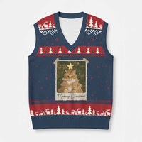 Meowy Xmas V-Neck Knit Sweater Vest Funny Cat Xmas Tree Retro Vintage Photo - Wonder Print Shop