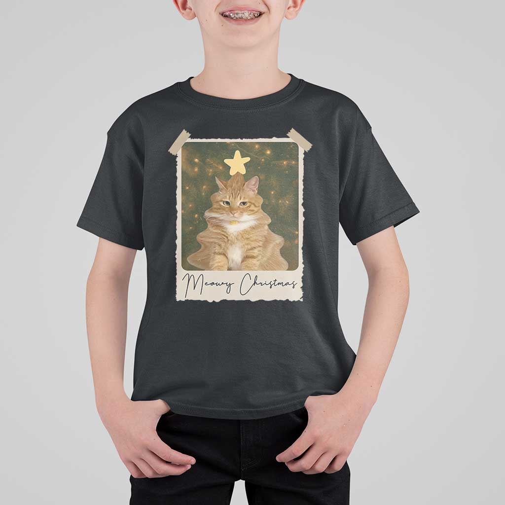 Meowy Christmas T Shirt For Kid Funny Cat Xmas Tree Retro Vintage Photo - Wonder Print Shop