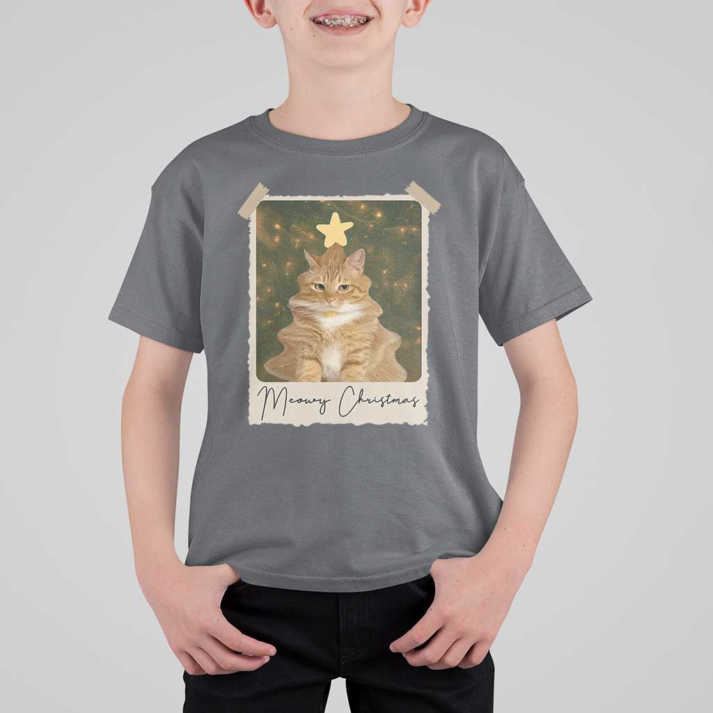 Meowy Christmas T Shirt For Kid Funny Cat Xmas Tree Retro Vintage Photo - Wonder Print Shop