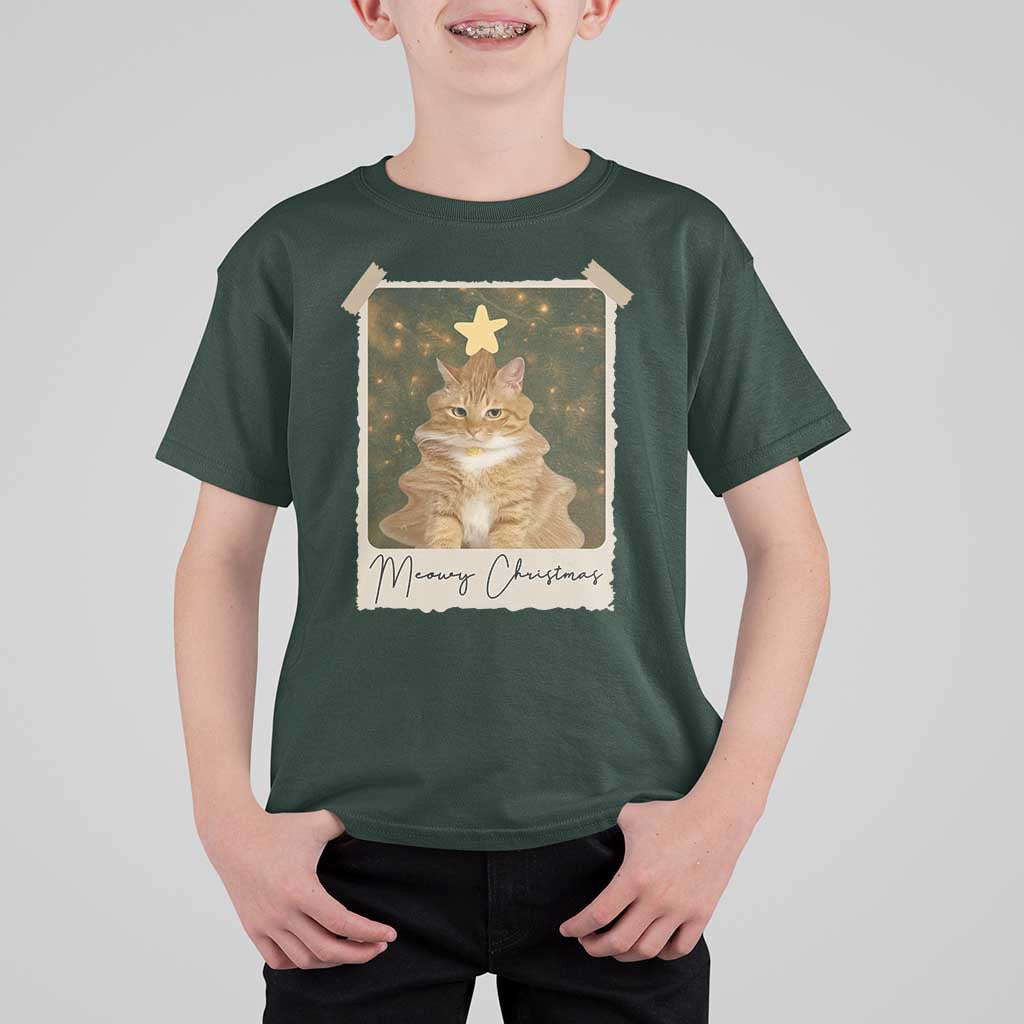 Meowy Christmas T Shirt For Kid Funny Cat Xmas Tree Retro Vintage Photo - Wonder Print Shop