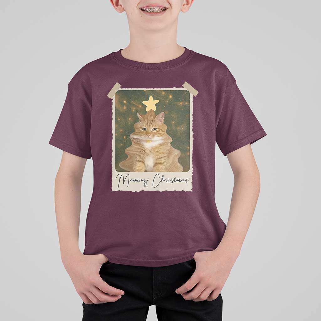 Meowy Christmas T Shirt For Kid Funny Cat Xmas Tree Retro Vintage Photo - Wonder Print Shop