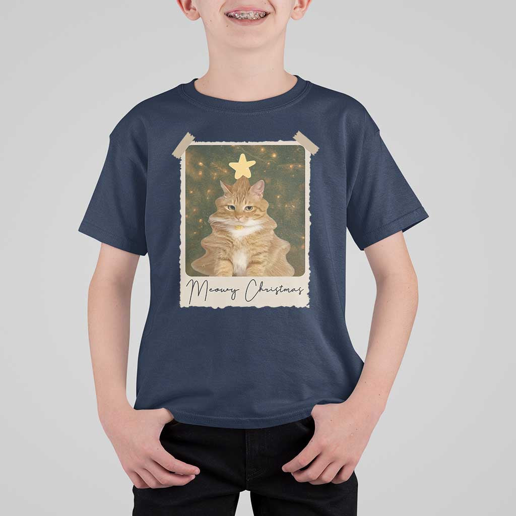 Meowy Christmas T Shirt For Kid Funny Cat Xmas Tree Retro Vintage Photo - Wonder Print Shop