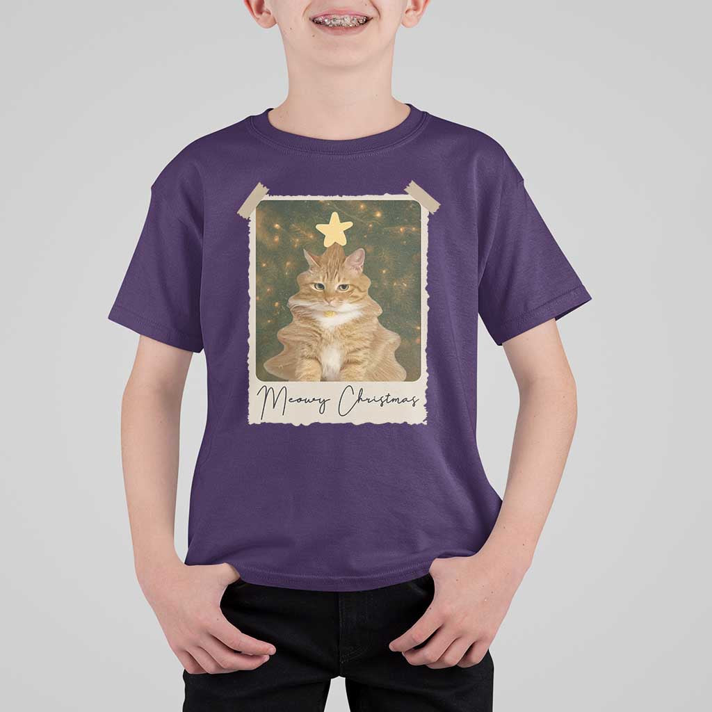 Meowy Christmas T Shirt For Kid Funny Cat Xmas Tree Retro Vintage Photo - Wonder Print Shop