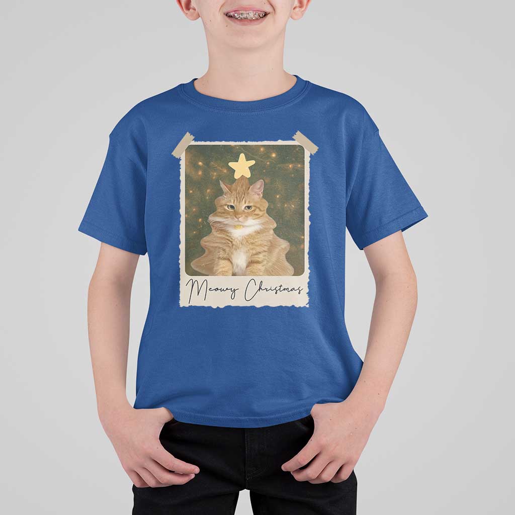 Meowy Christmas T Shirt For Kid Funny Cat Xmas Tree Retro Vintage Photo - Wonder Print Shop