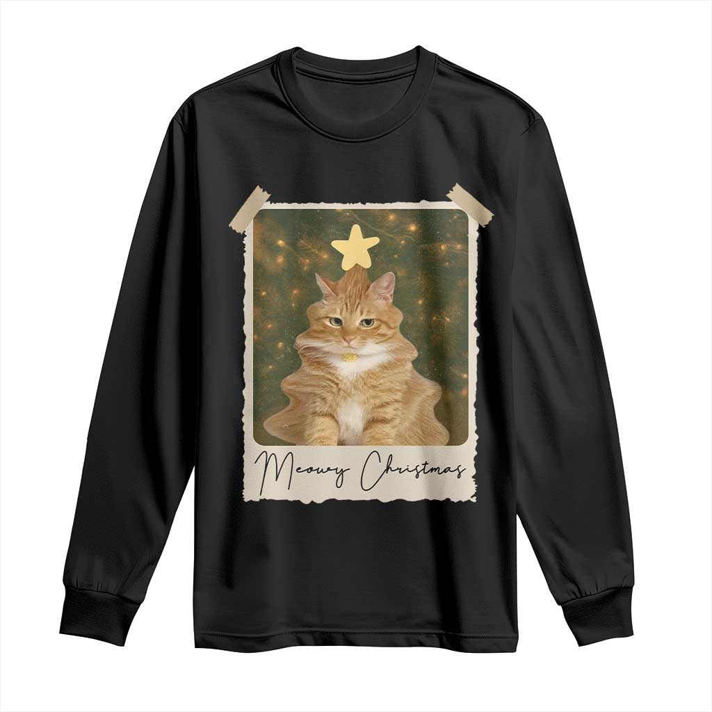 Meowy Christmas Long Sleeve Shirt Funny Cat Xmas Tree Retro Vintage Photo - Wonder Print Shop
