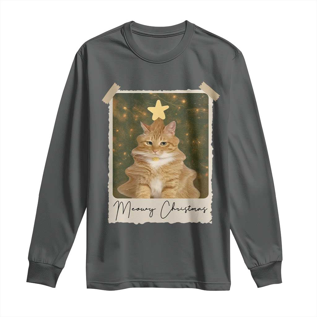 Meowy Christmas Long Sleeve Shirt Funny Cat Xmas Tree Retro Vintage Photo - Wonder Print Shop